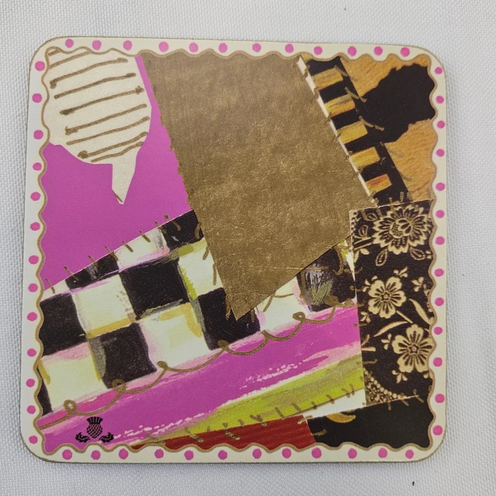 MacKenzie-Childs Set of 4 Collage Patchwork Cork Back Coasters Pink‎ Polka Dot